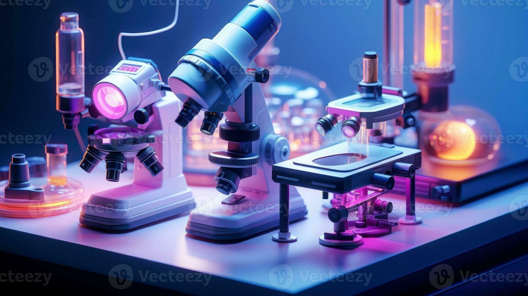 Close-up shot of microscope with metal lens at laboratory. Microscope on the table with chemical tube and glassware in laboratory, Science research technology, Generative AI illustration photo