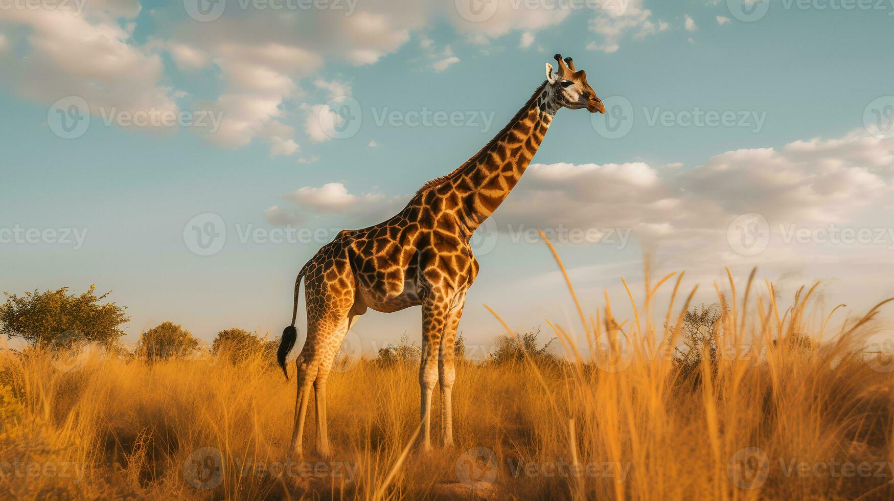 Photo of giraffe on savanna at sunset. Generative AI