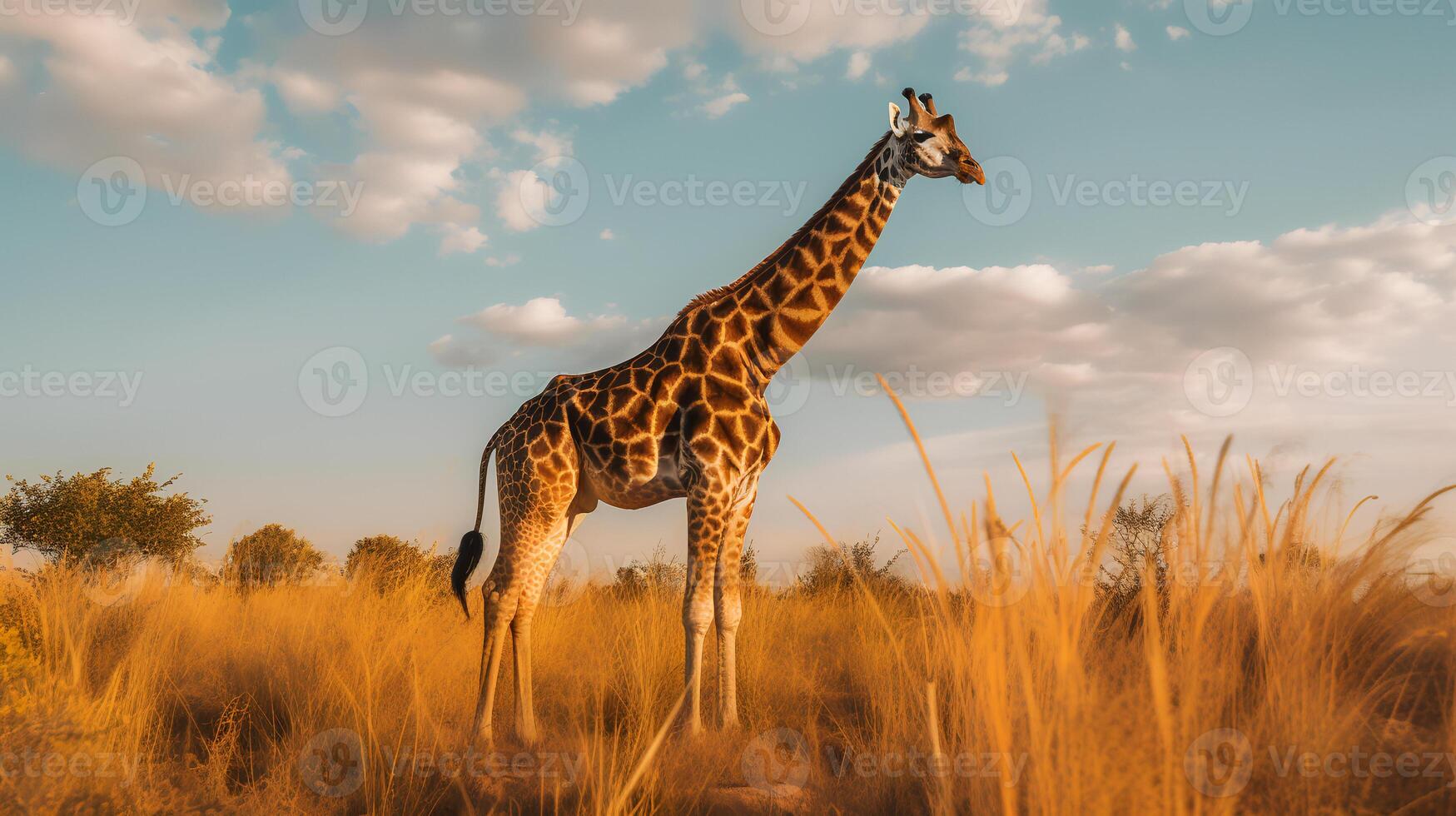 Photo of giraffe on savanna at sunset. Generative AI