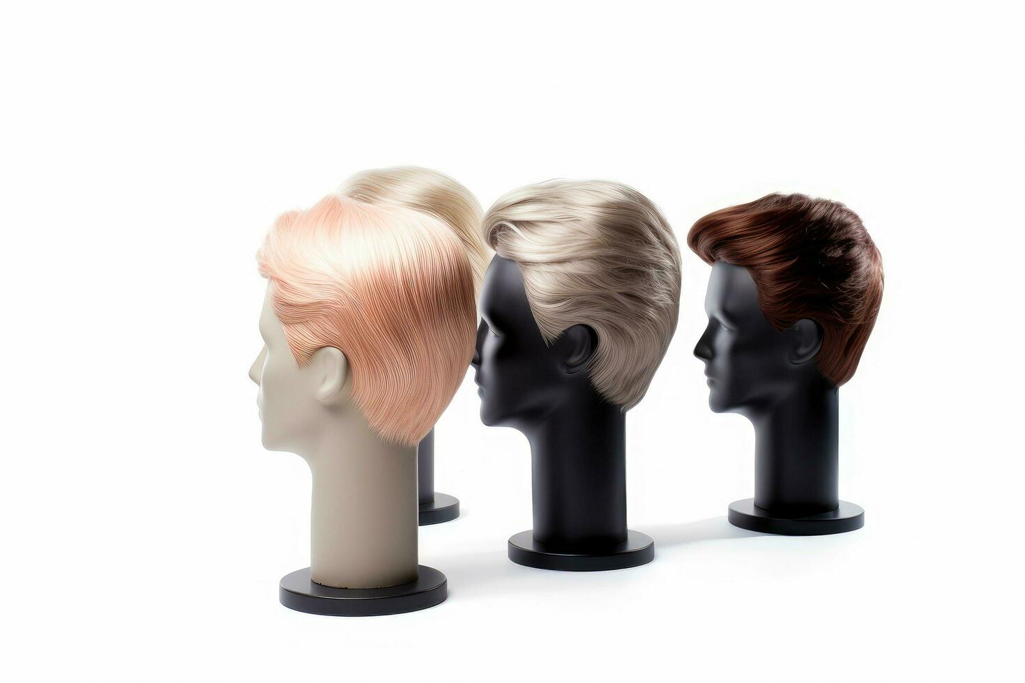 Hair wig over the plastic mannequin head isolated over the white background, mockup featuring contemporary men hairstyles, Generative AI illustration photo