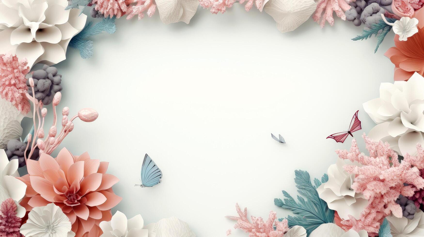 Floral border frame card template. multicolor flowers, leaves, for banner, wedding card. Springtime composition with copy-space, illustration photo