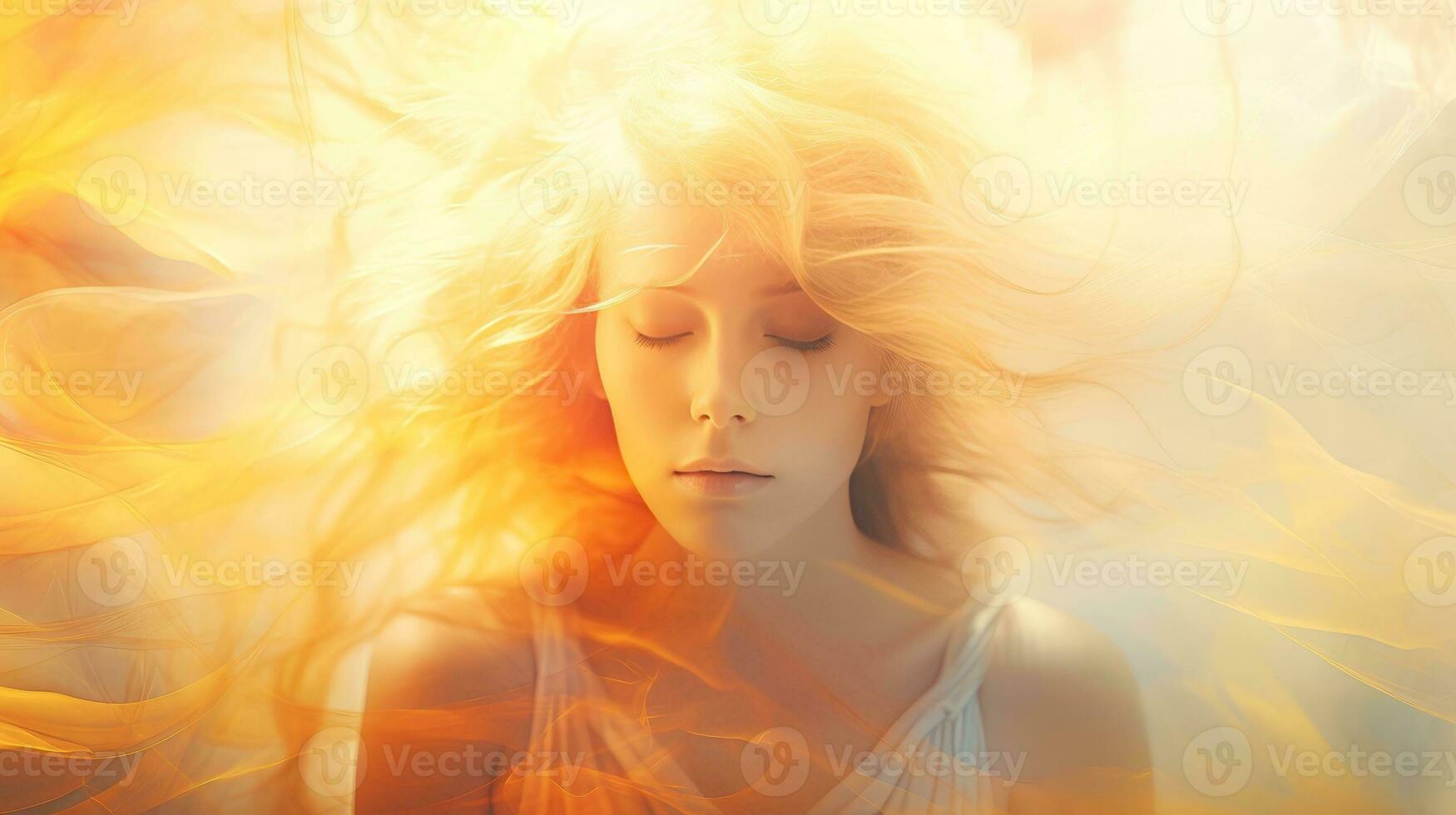 Illustration of woman sleeping and dreaming. Psychic girl considers mind and heart, spirituality, esotericism. Psychic waves concept, Generative AI illustration photo