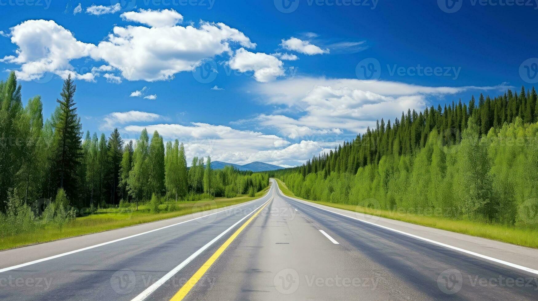 ilustración imagen de paisaje con país camino, vacío asfalto la carretera en azul nublado cielo antecedentes. multicolor vibrante al aire libre horizontal imagen, generativo ai ilustración foto