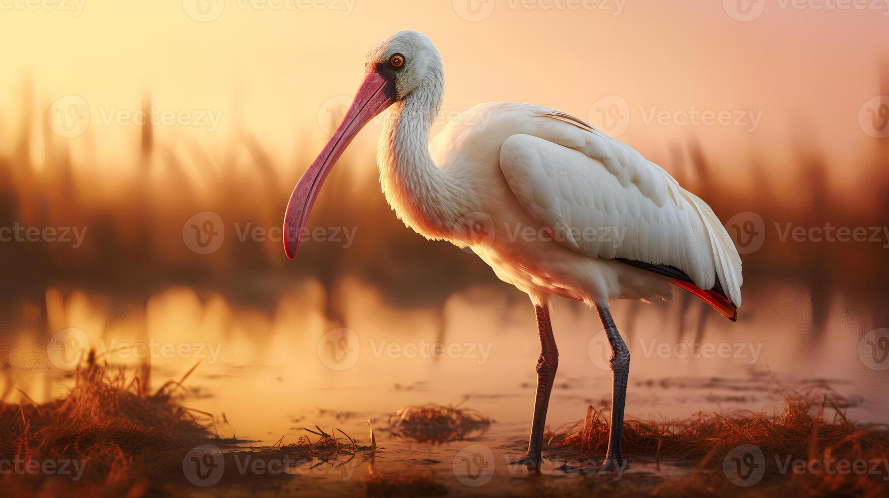 foto de africano espátula en sabana a puesta de sol. generativo ai