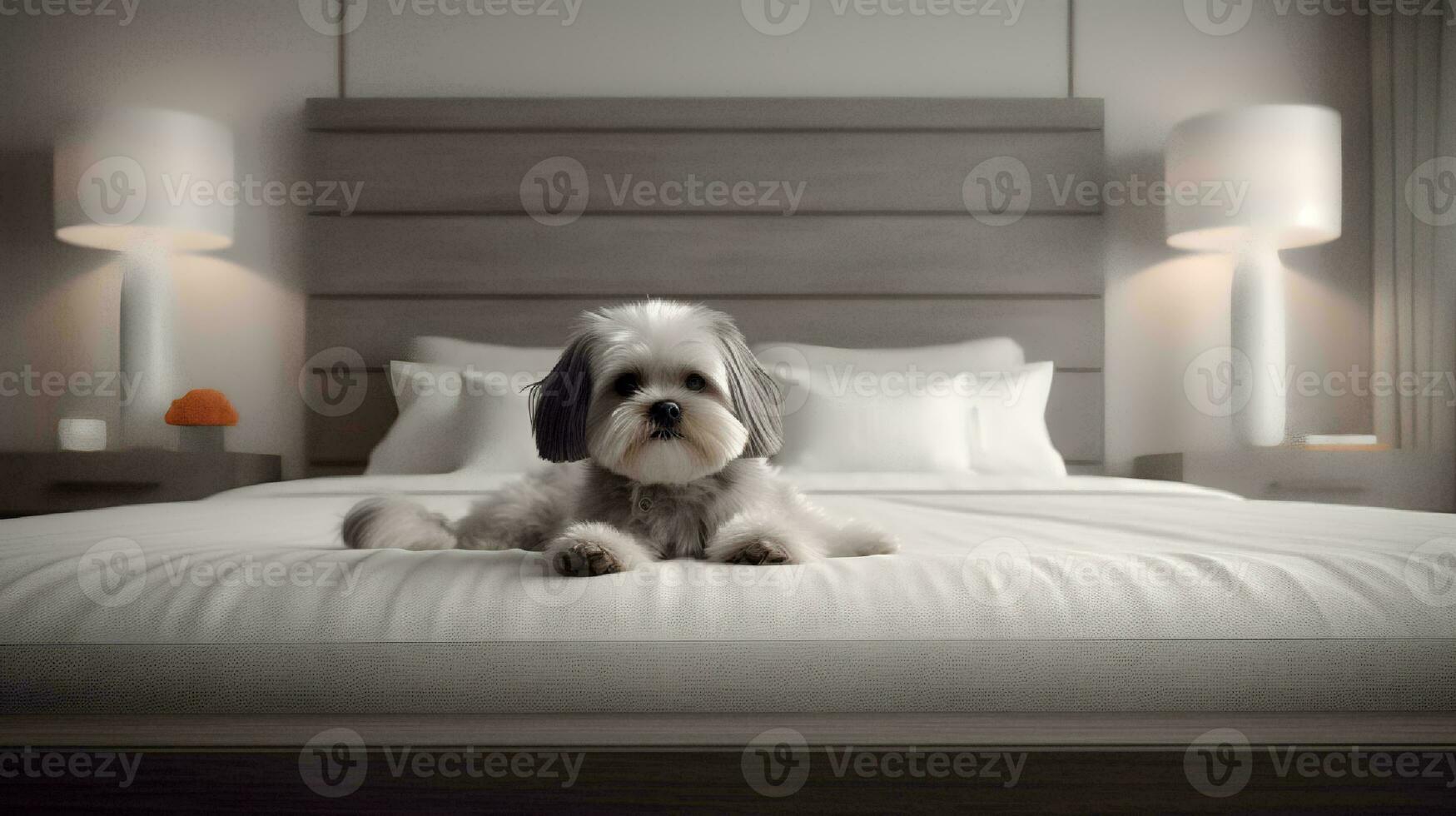 Shih tzu dog lying on bed in hotel with contemporary interior design. Generative AI photo