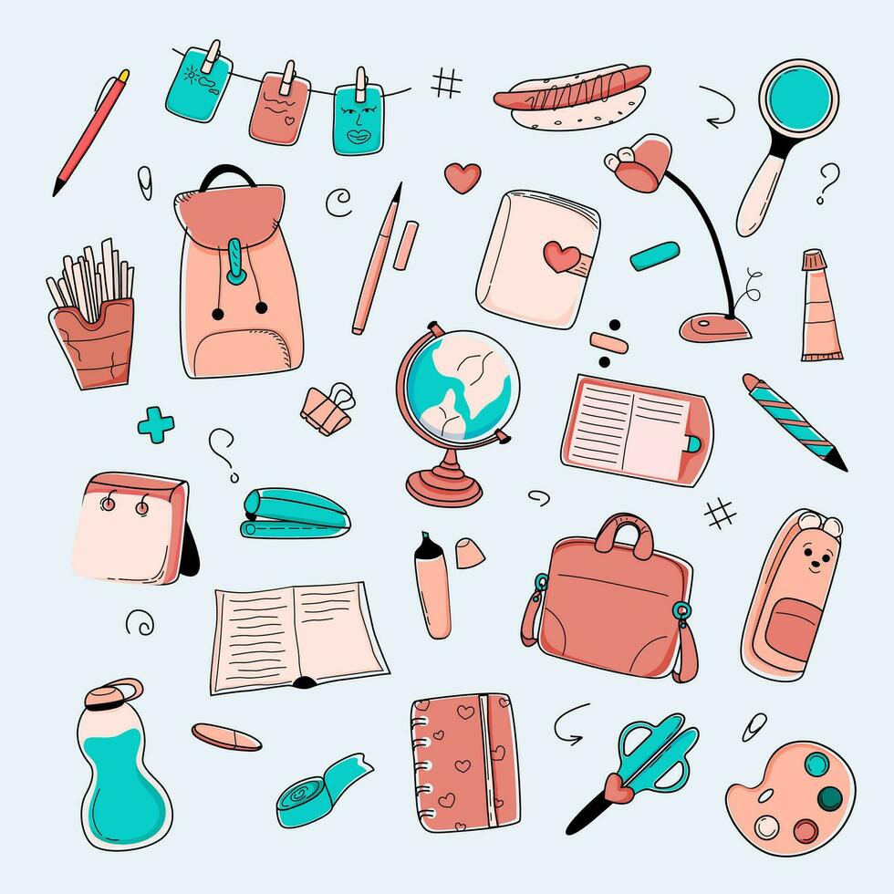 School supplies backpack, pencils, brush, paints, pencil case, table lamp, notepad, book, glue, hot dog, french fries, marker, bottle of water, globe. Doodle. Back to school. Vector illustration.