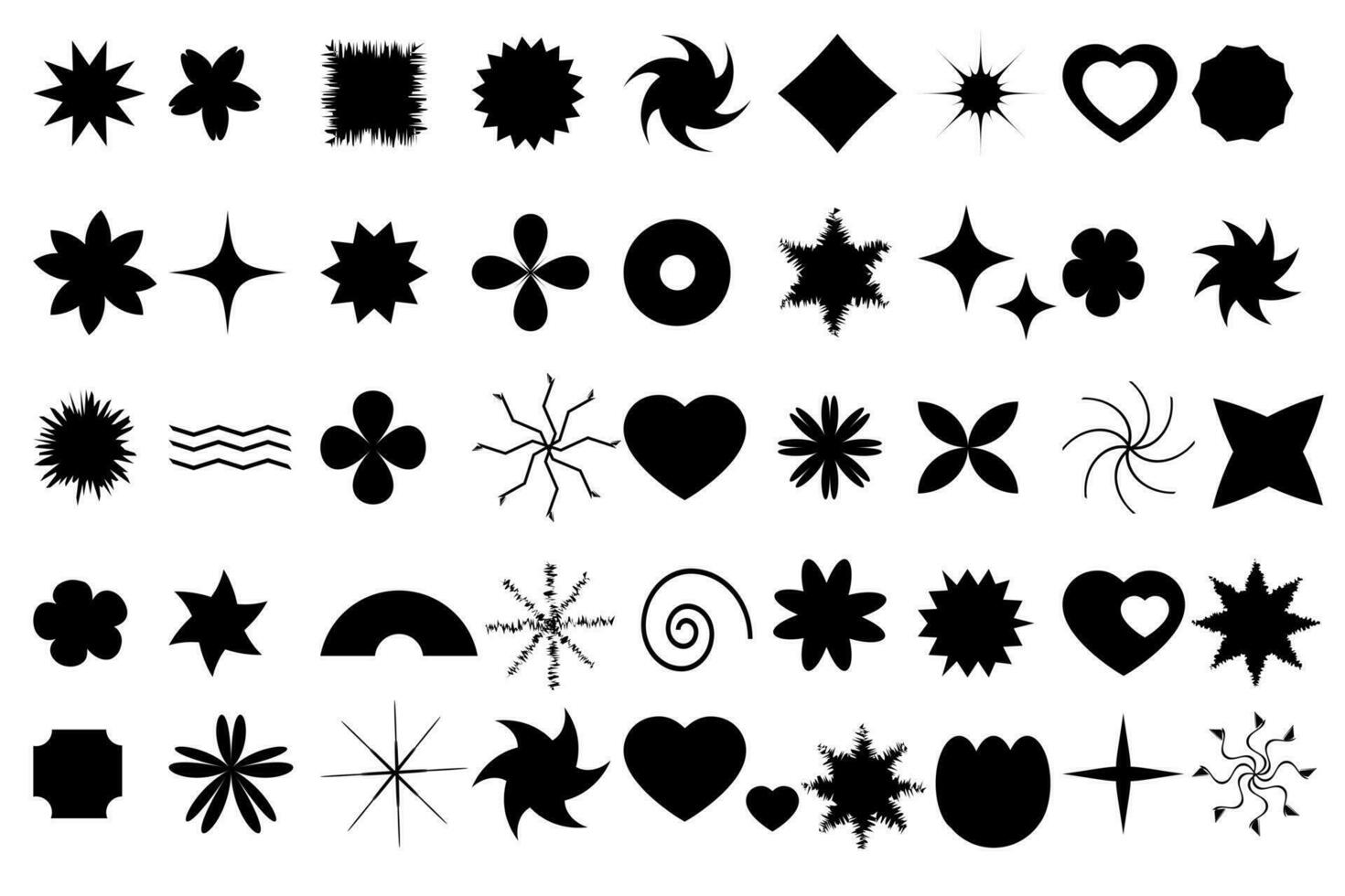 Black flowers and shapes icons. Daisy floral organic form cloud star and other elements in trendy playful brutal style. Vector illustrations