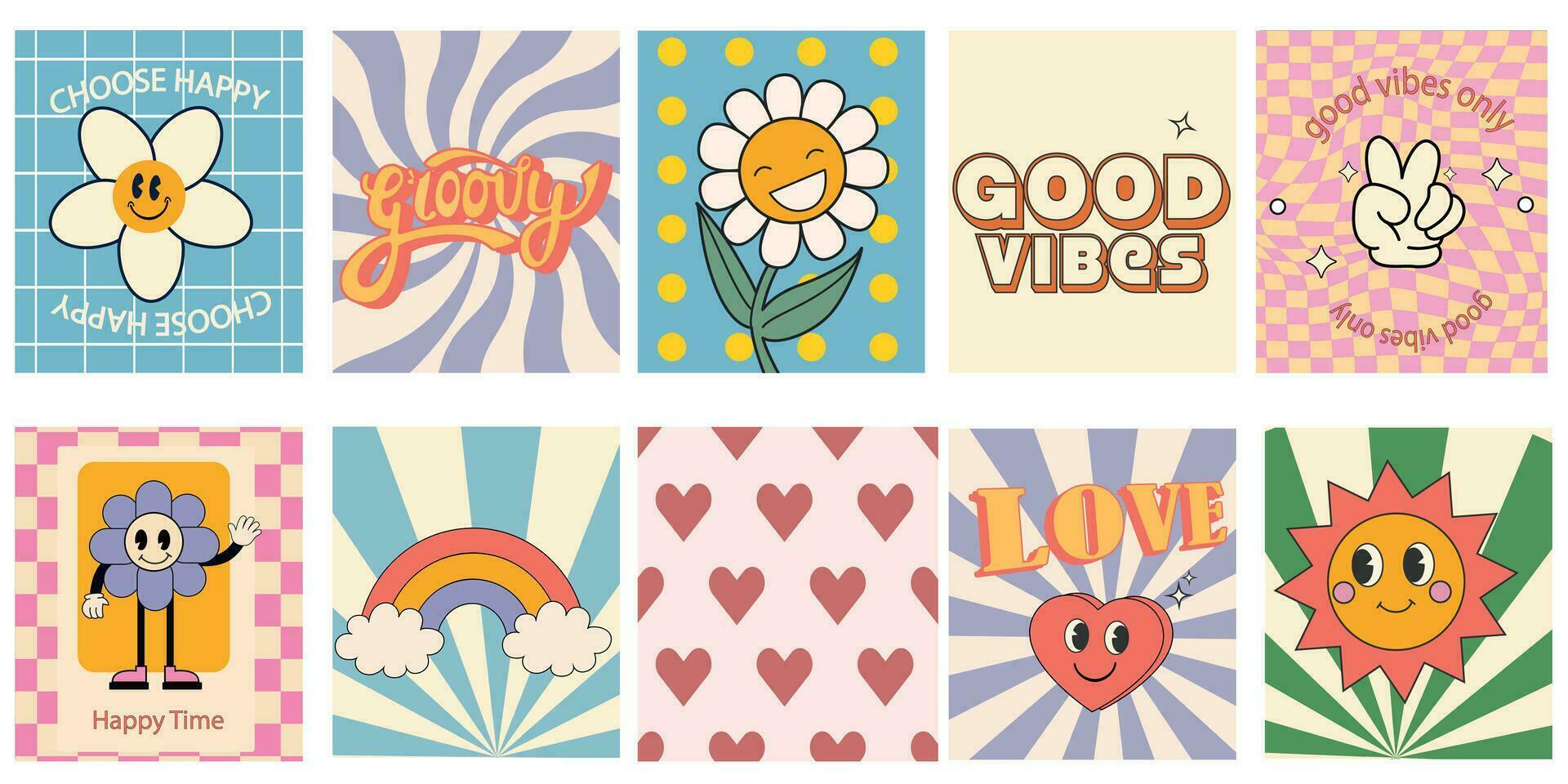 Groovy hippie 70s set. Funny cartoon flower, rainbow, peace, Love, heart, daisy, mushroom etc. Sticker pack in trendy retro psychedelic cartoon style. Flower power. Isolated vector illustration