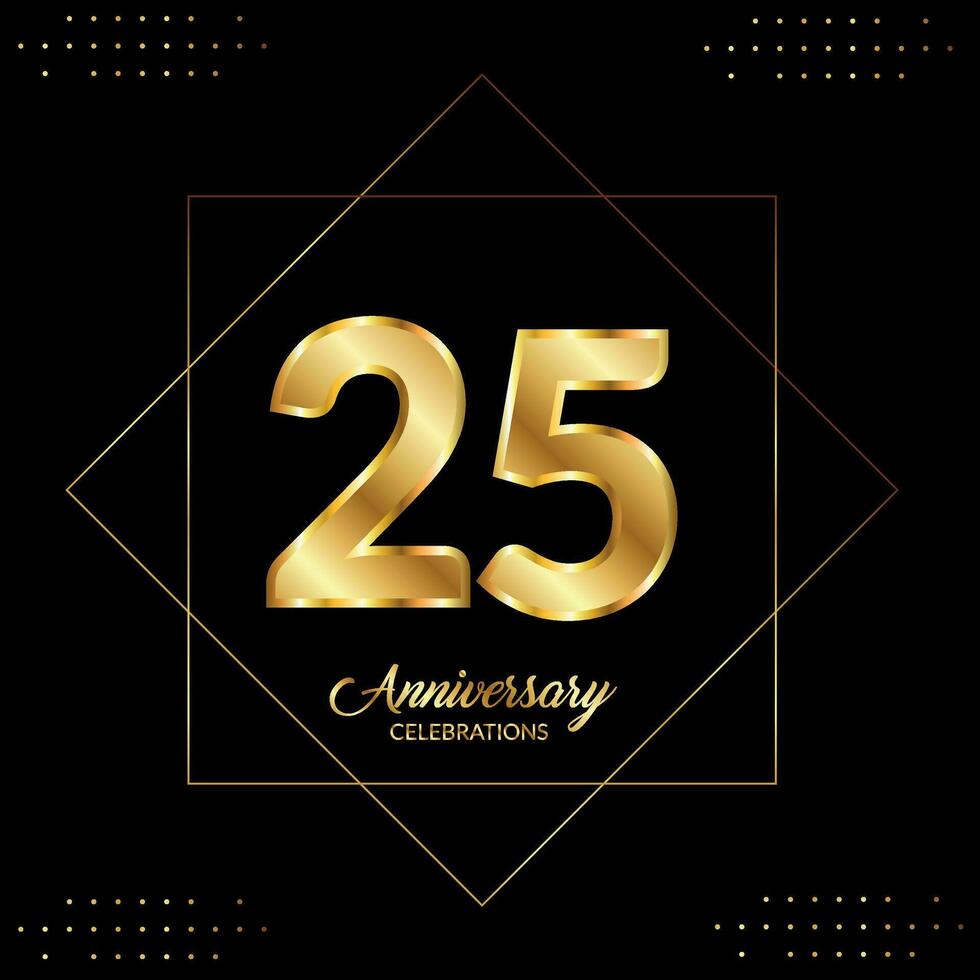 25 years anniversary celebration with gold square frames and circle shapes on black background. Premium design for birthday party, poster, banner, graduation, weddings, jubilee, greetings card. Vector