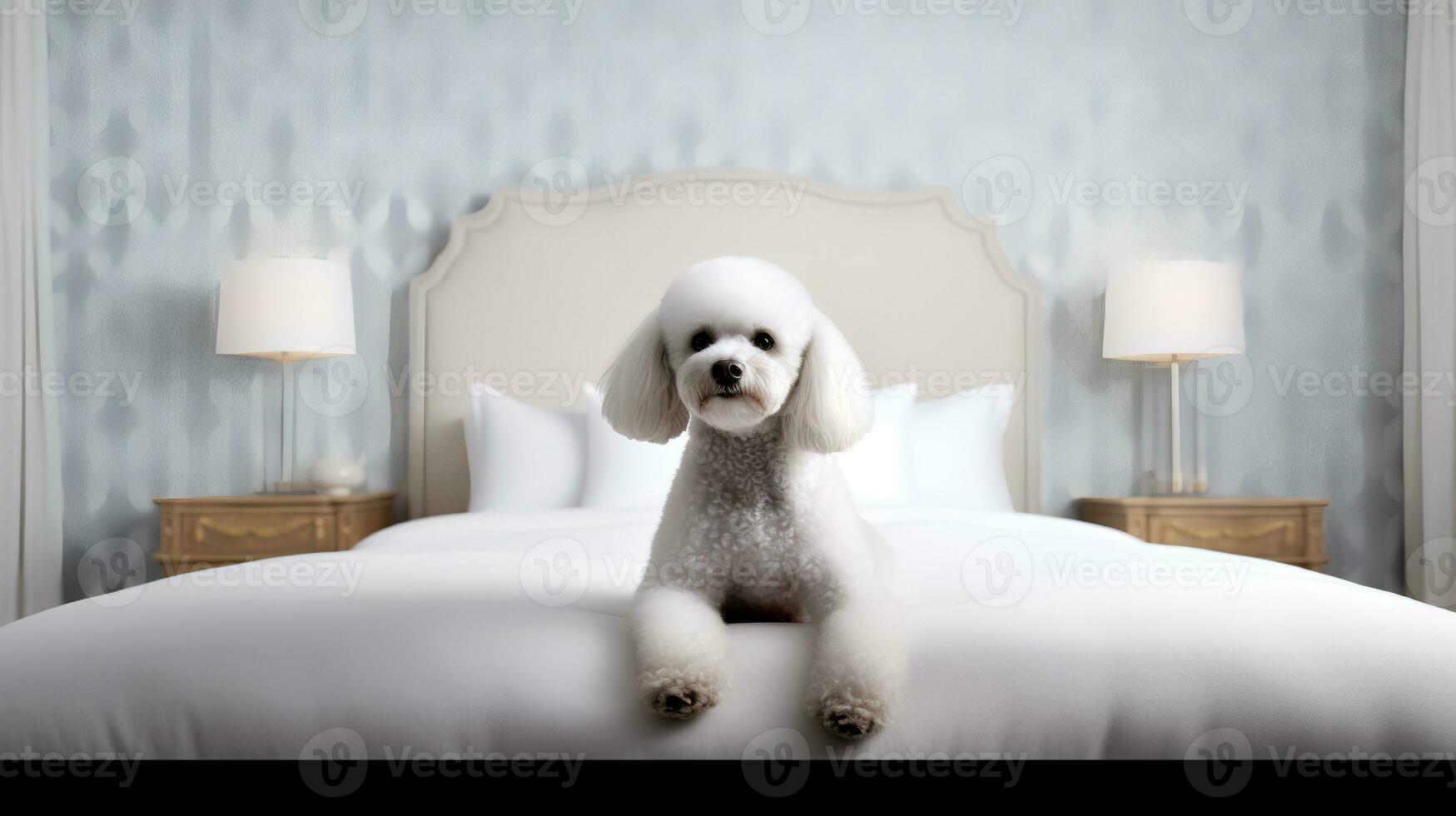 Poodle dog lying on bed in hotel with contemporary interior design. Generative AI photo