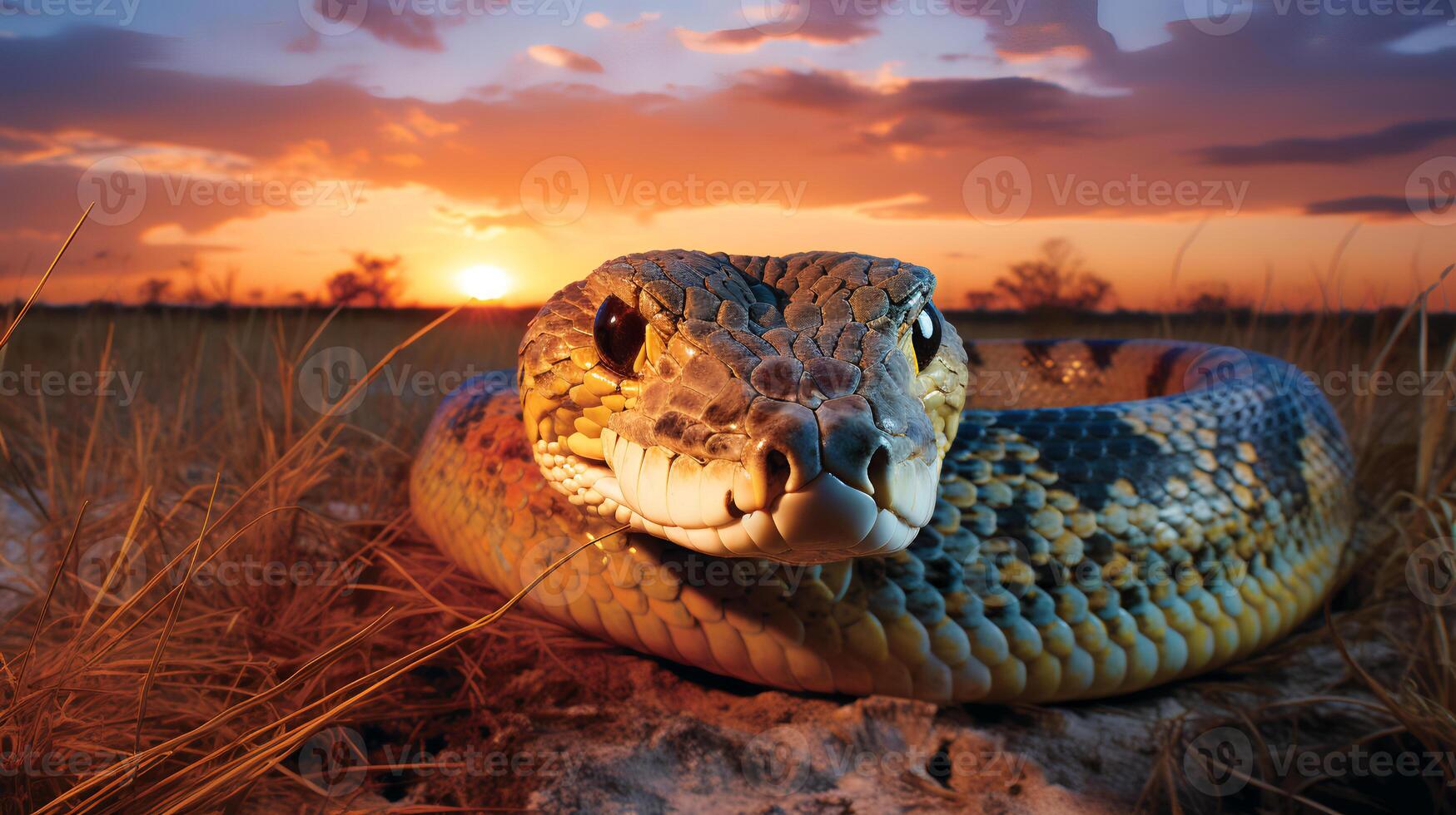 Photo of African Python on savanna at sunset. Generative AI