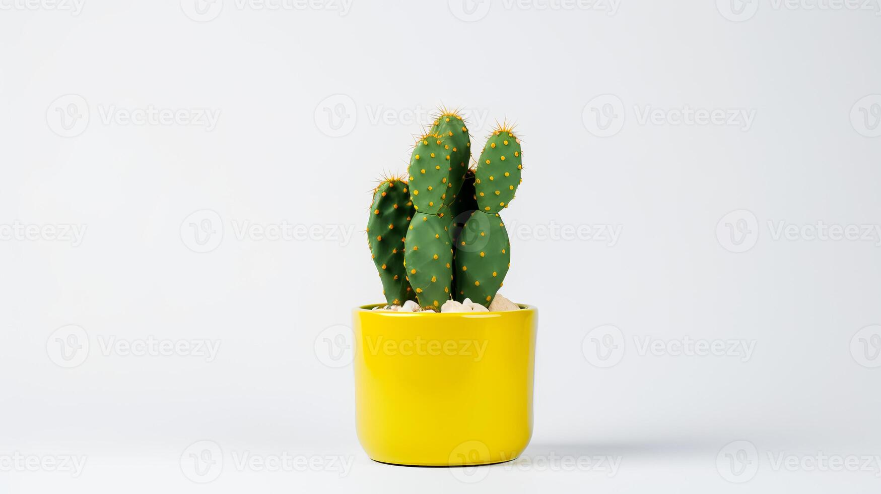 Photo of Prickly pear in minimalist yellow pot as houseplant for home decoration isolated on white background.