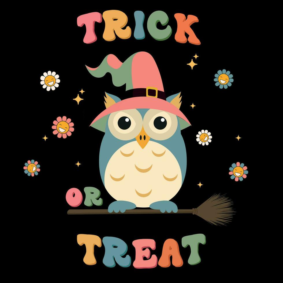 Groovy Halloween Owl Trick or Treat. Halloween illustrations, silhouettes. Vector illustration