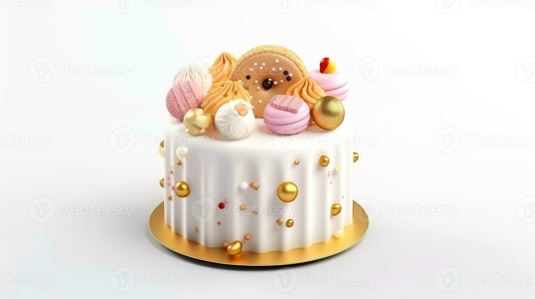 3d illustration of gold cute birthday cake, Sweet cake for a surprise birthday, for anniversary and celebration ,mother day, Valentine day, cake, cupcake, Generative AI illustration photo