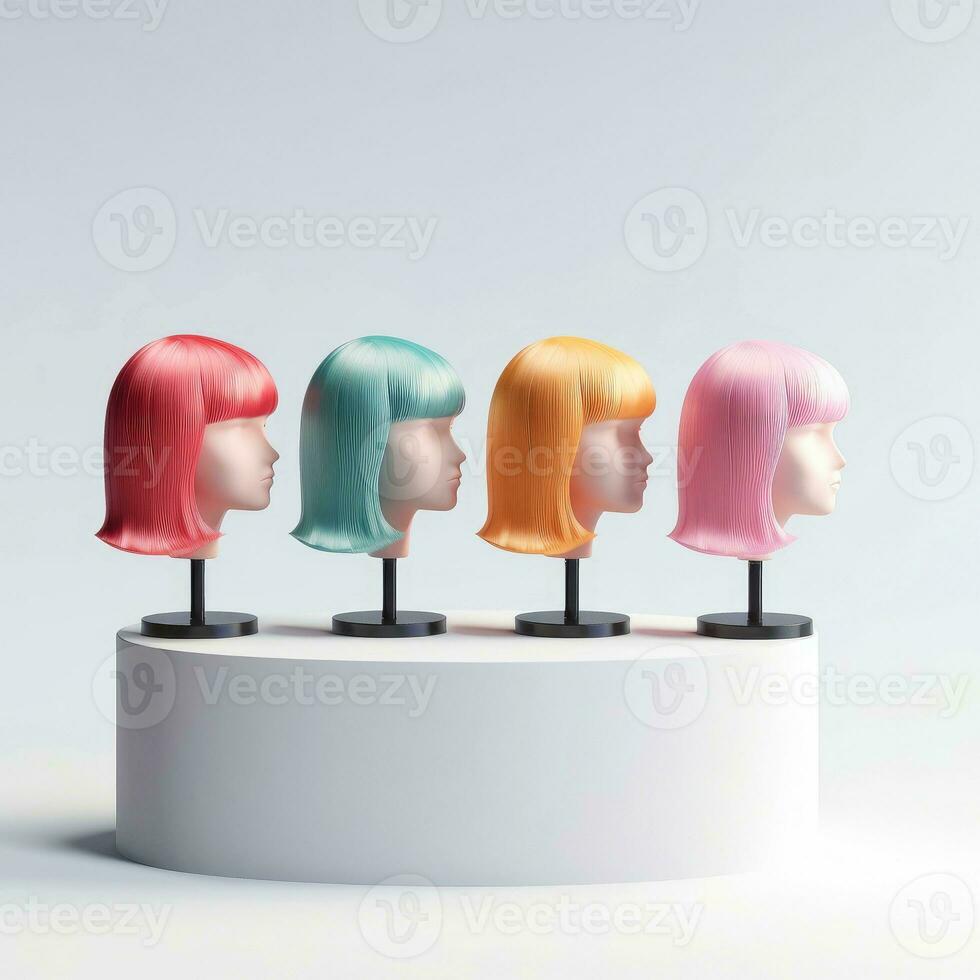 Hair wig over the plastic mannequin head isolated over the white background, mockup featuring contemporary women's hairstyles, Generative AI illustration photo