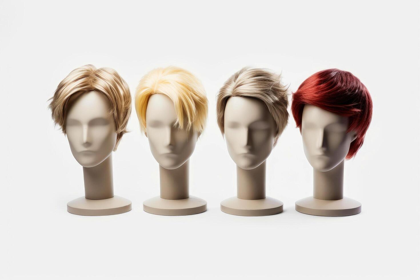 Hair wig over the plastic mannequin head isolated over the white background, mockup featuring contemporary men hairstyles, Generative AI illustration photo