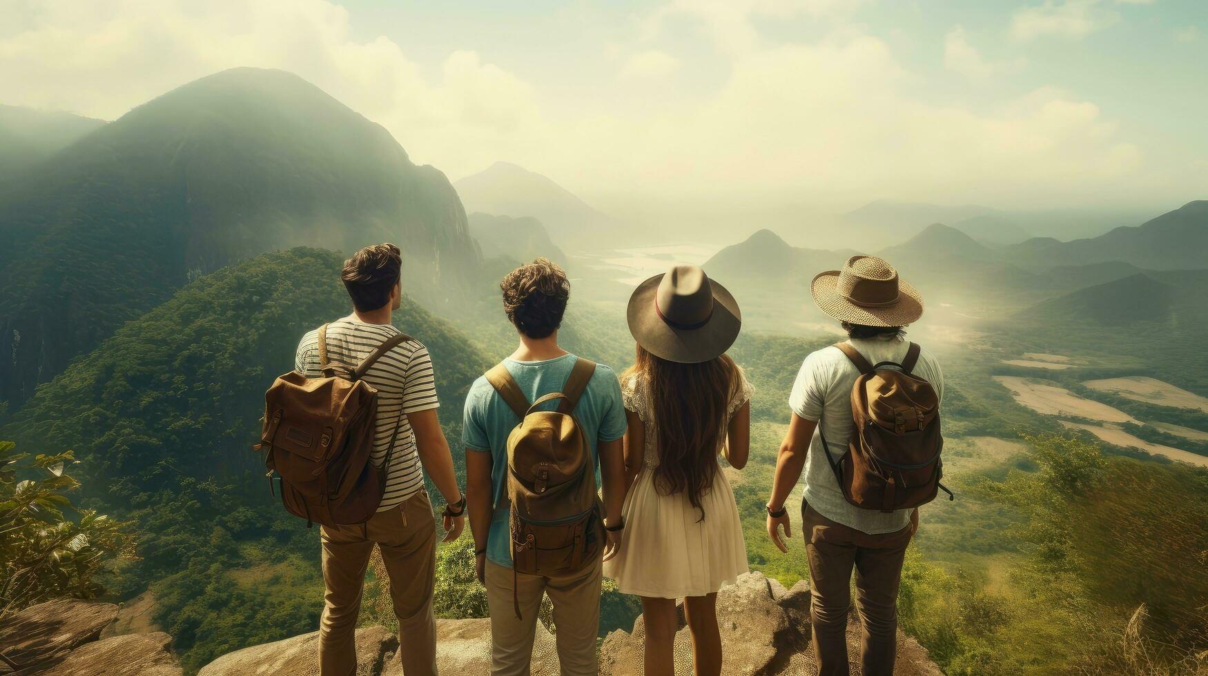 Group of happy friends explore nature outdoors, tourism, travel, backpack camping hiking journey travel trek concept, with blurred background, Generative AI illustration photo