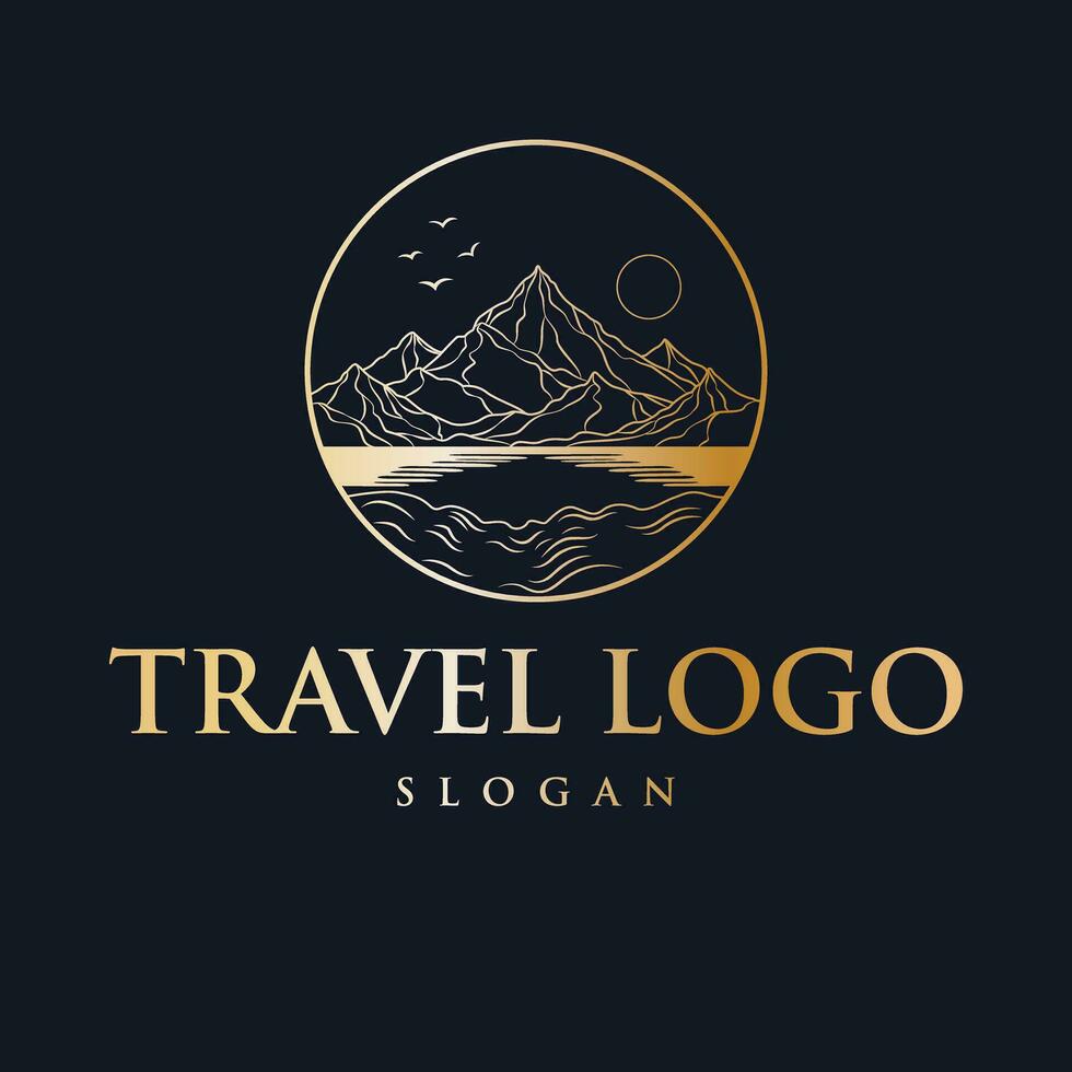 Travel vector logo design. Round mountains and sun vector emblem.