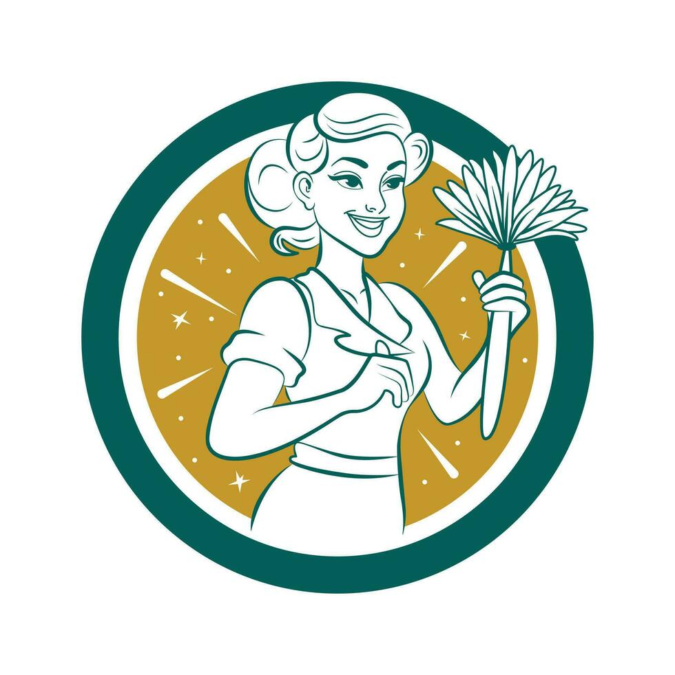 Cleaner woman vector sticker design. Cleaning industry vector emblem.