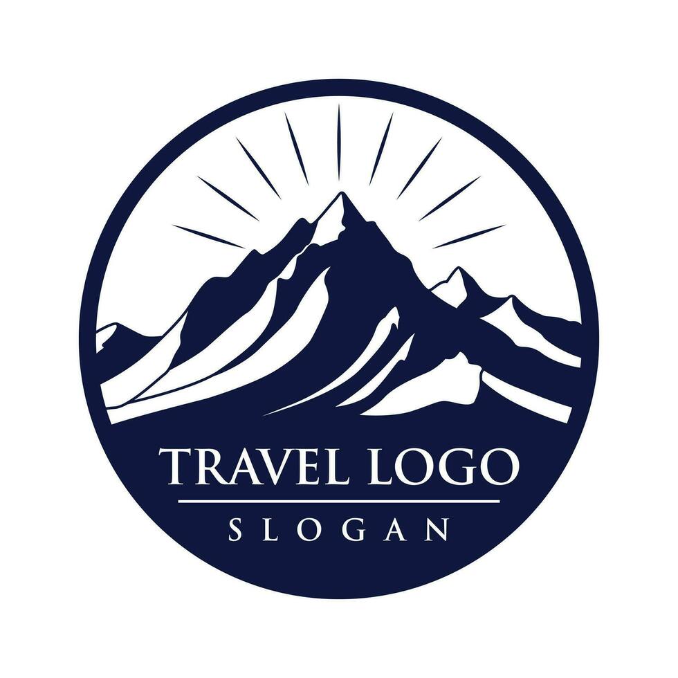 Travel vector logo design. Round mountains and sun vector emblem.