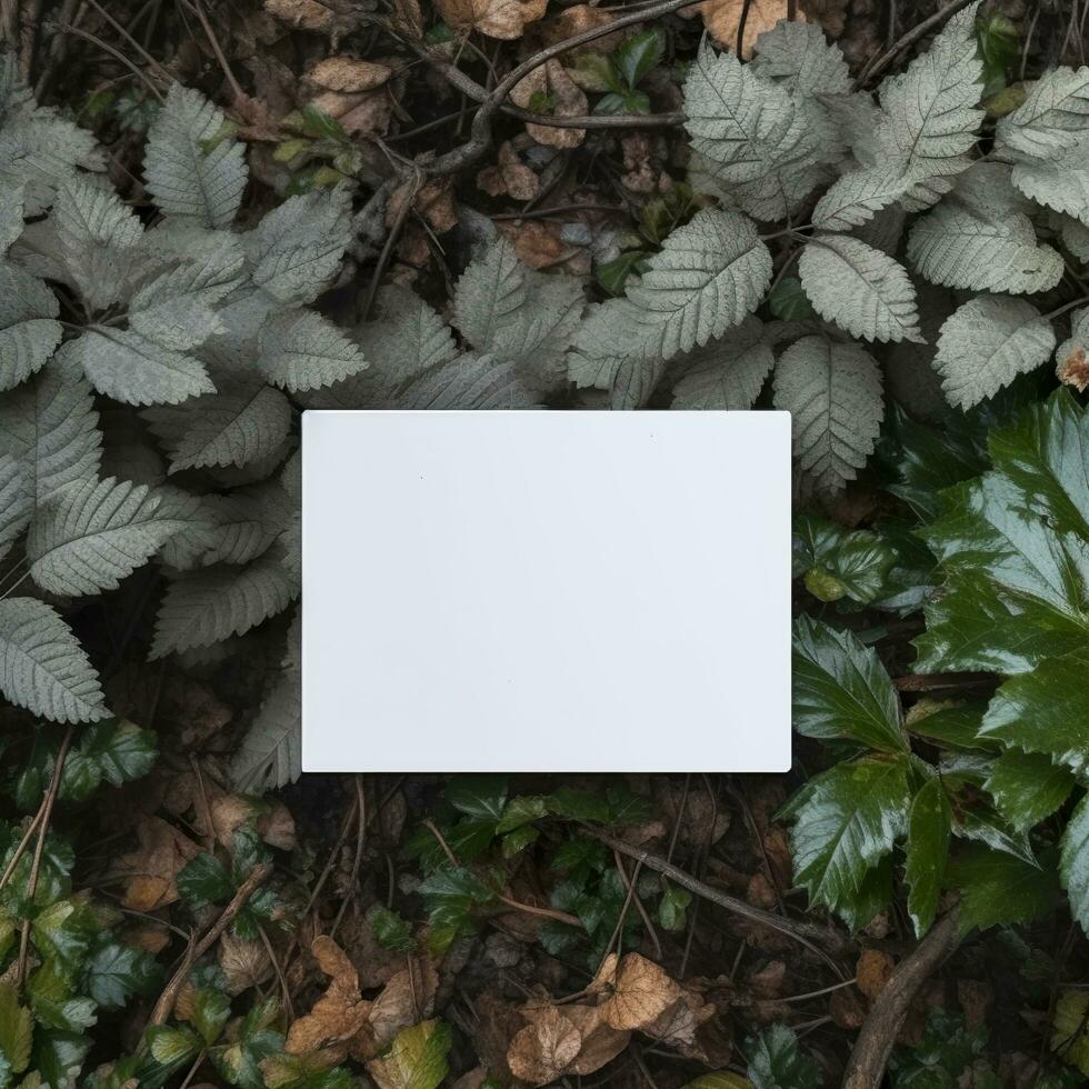 Blank business card on green leaves background. Generative AI photo