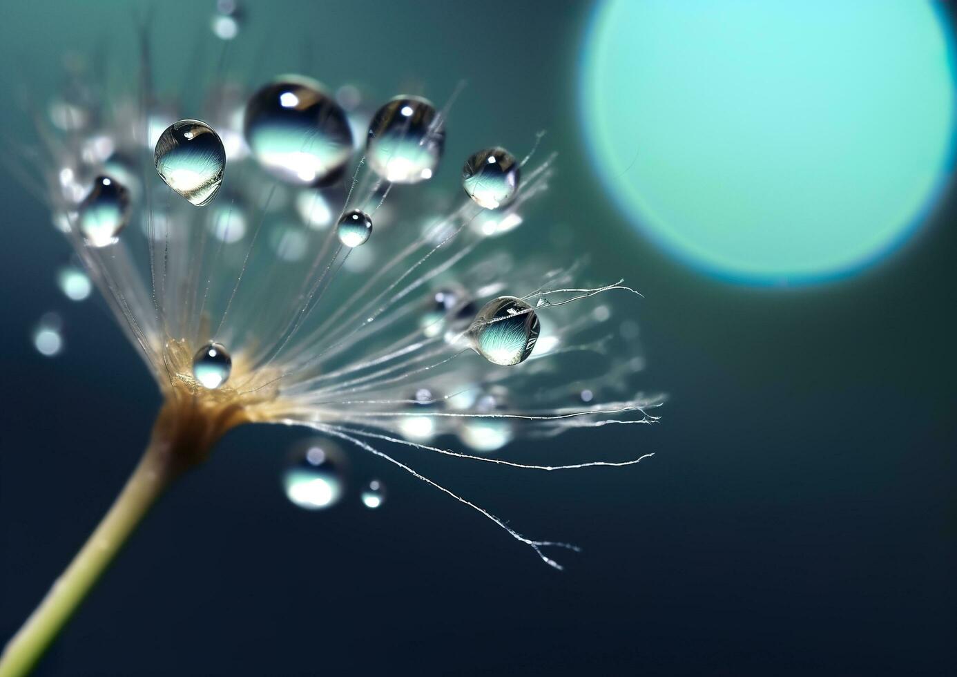 Beautiful dew drops on a dandelion seed macro. Beautiful blue background. Generative AI photo