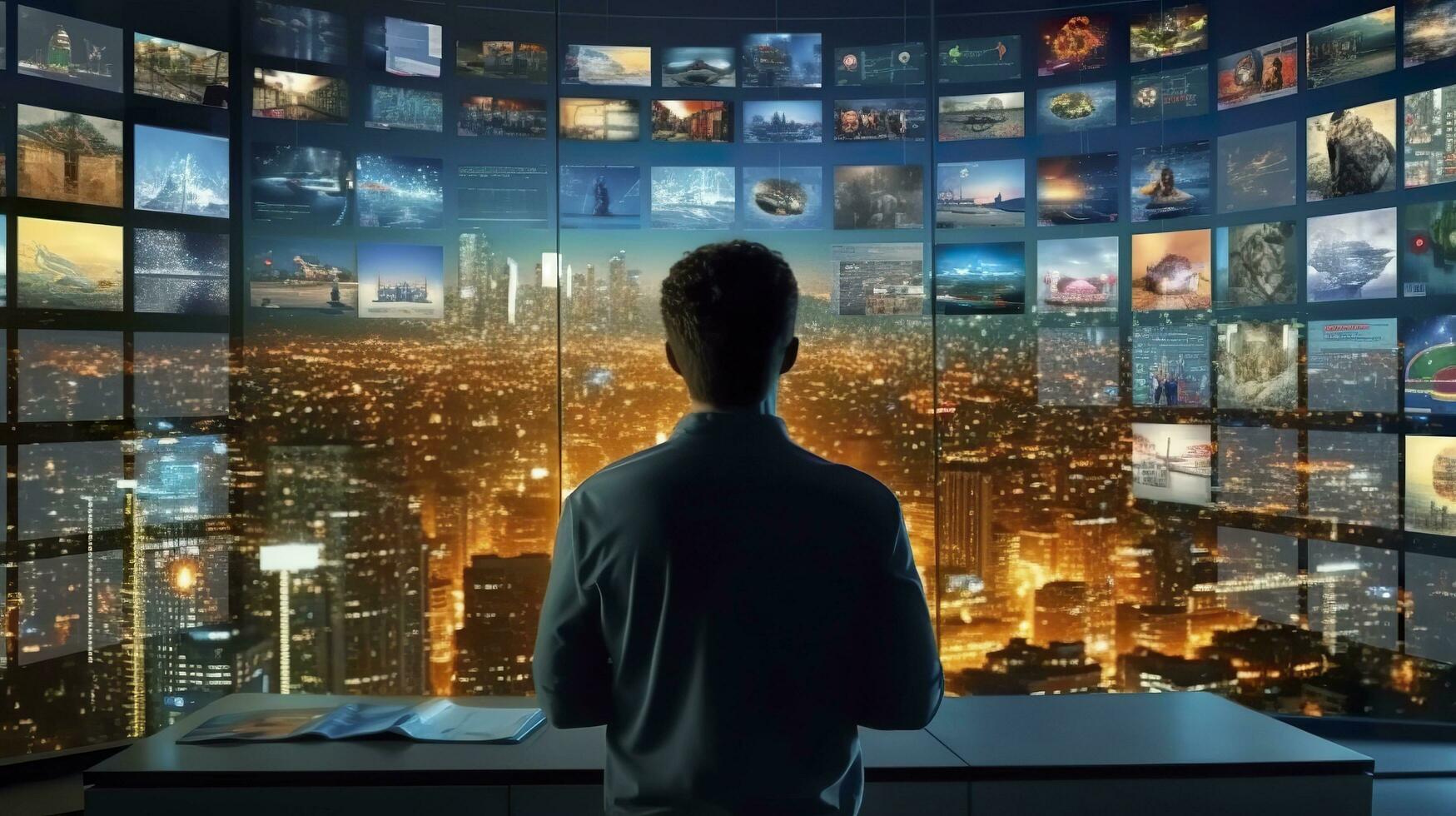 A person watching a video wall with multimedia images on different television screens. Generative AI photo