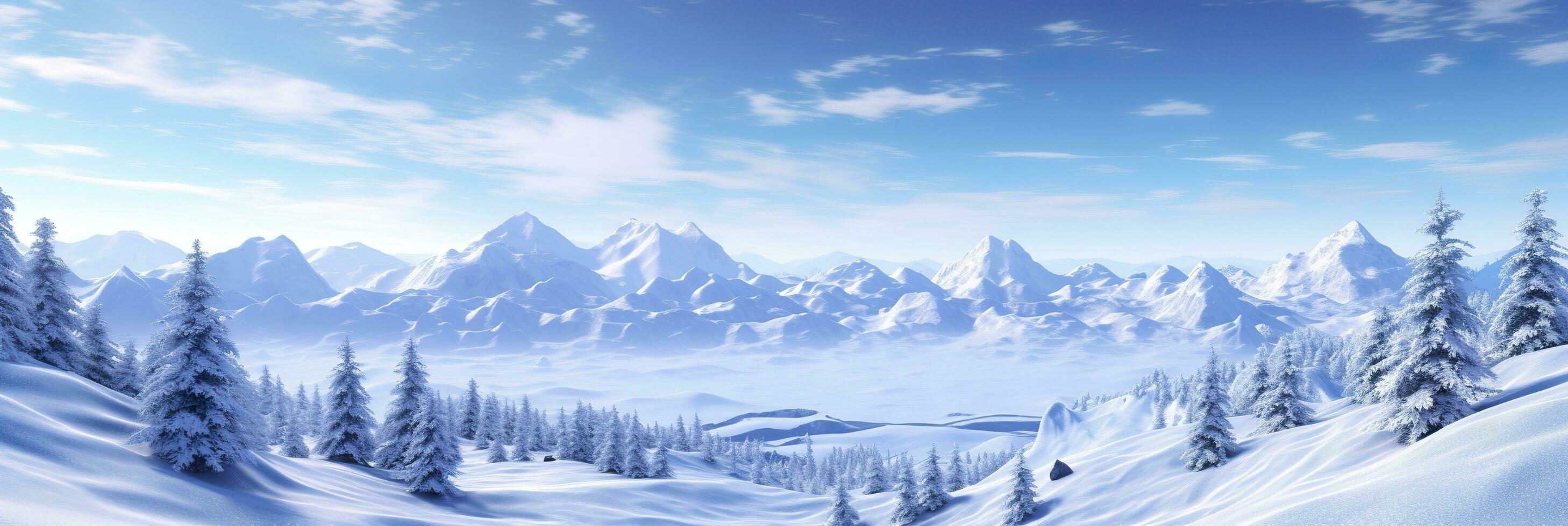 vast desolated snow land, big mountains in the background, snowfall with light blue sky and light blue colors, peaceful atmosphere,  AI Generative photo