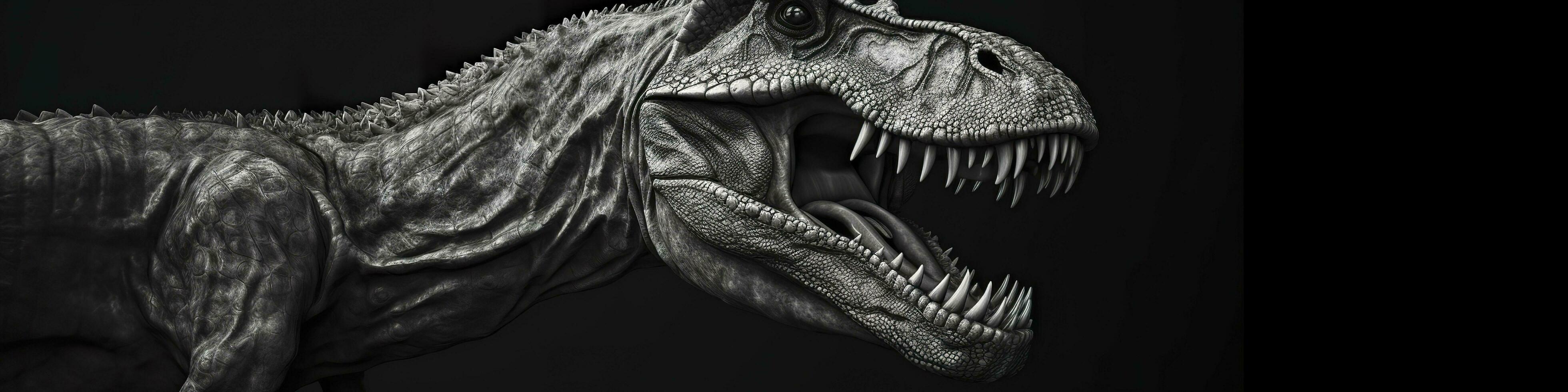 Black and white photorealistic studio portrait of a Tyrannosaurus Rex on black background. Generative AI photo