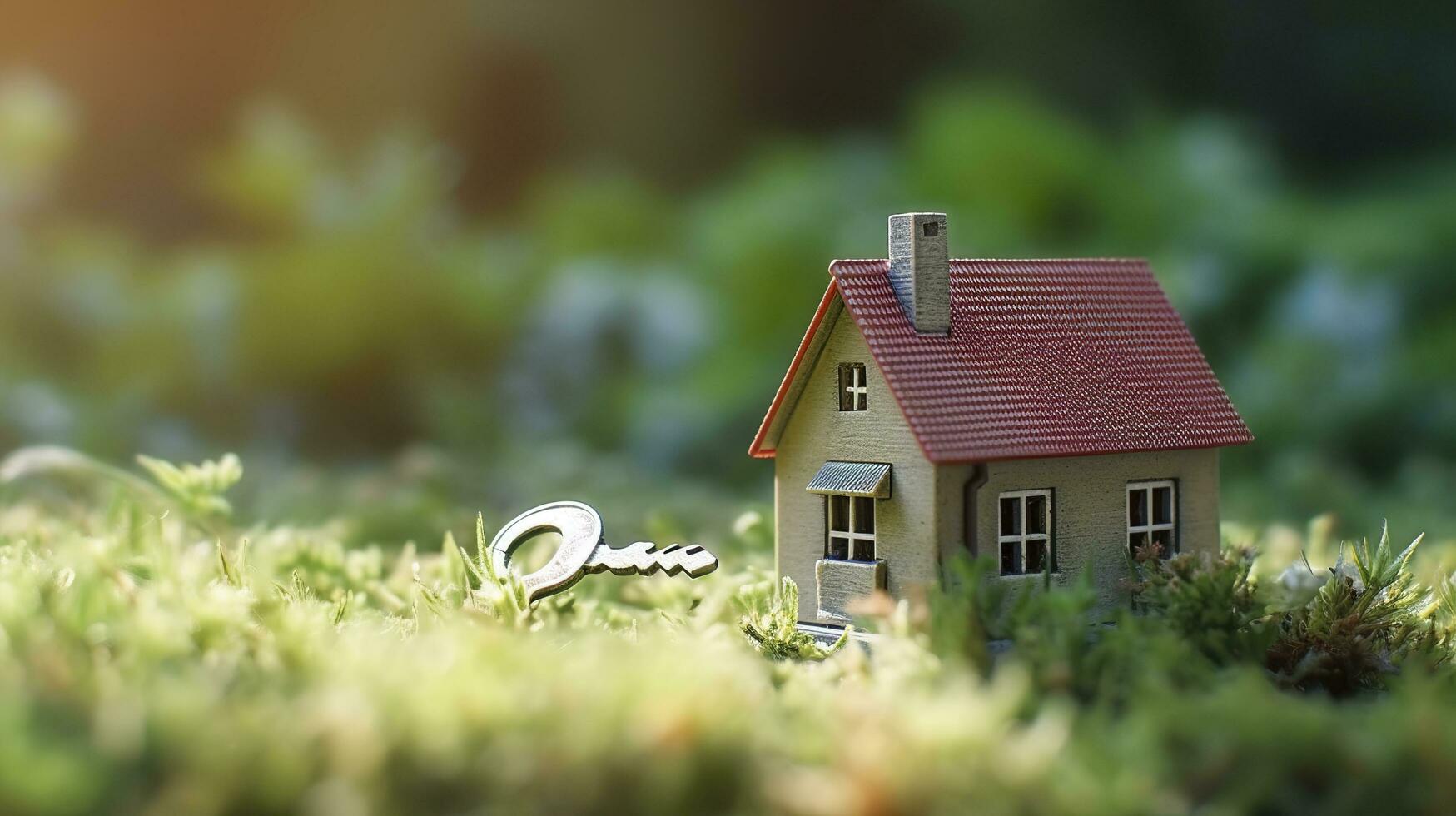 Copy space of home. Small model home on green grass with sunlight. AI Generative photo