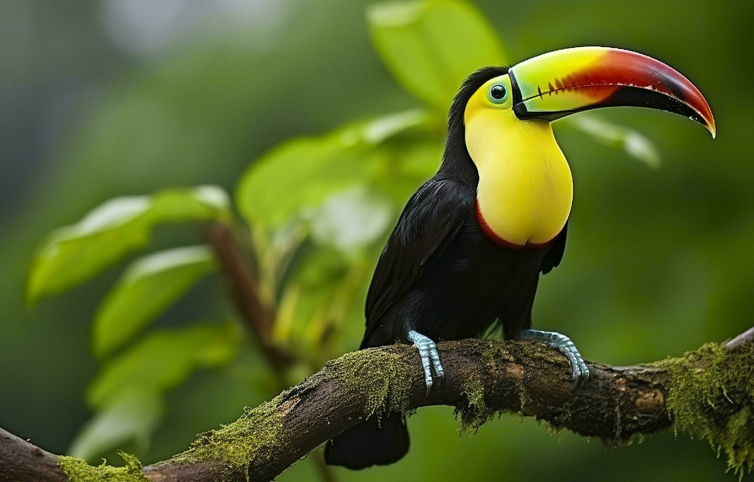 Chesnut mandibled Toucan sitting on the branch in tropical rain with a green jungle. Generative AI photo