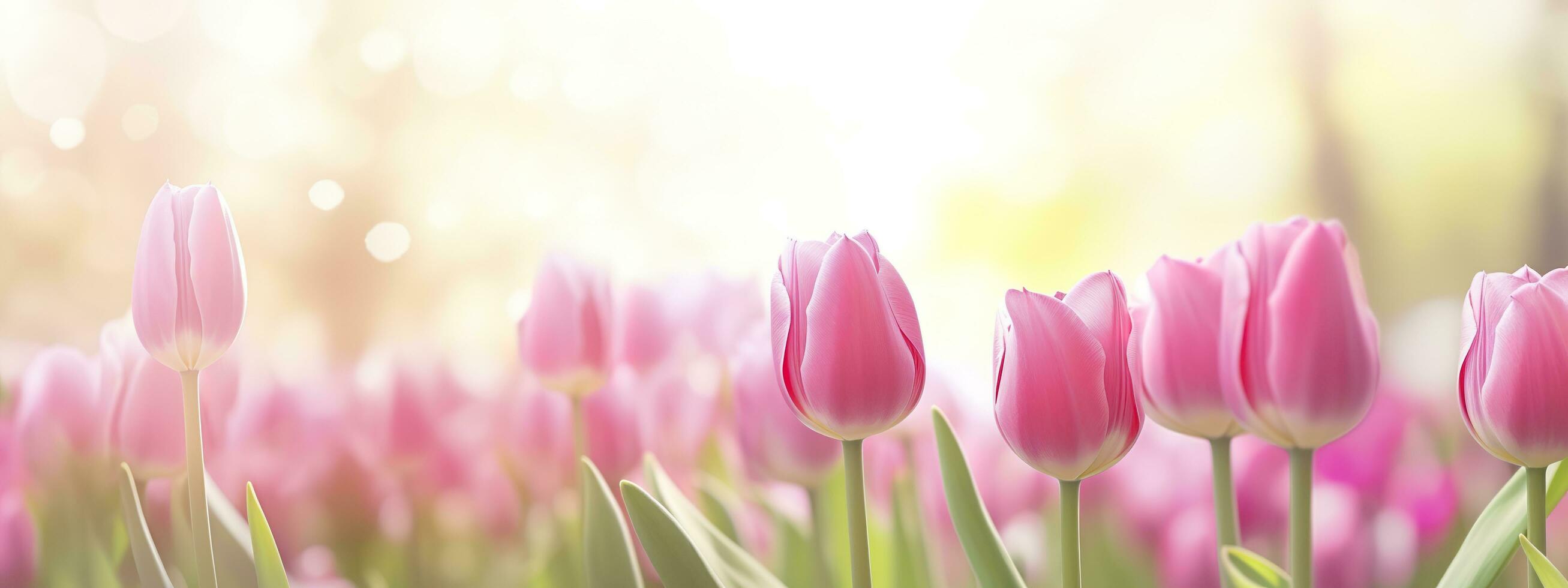 hermosa rosado tulipán en un borroso primavera soleado antecedentes. generativo ai foto
