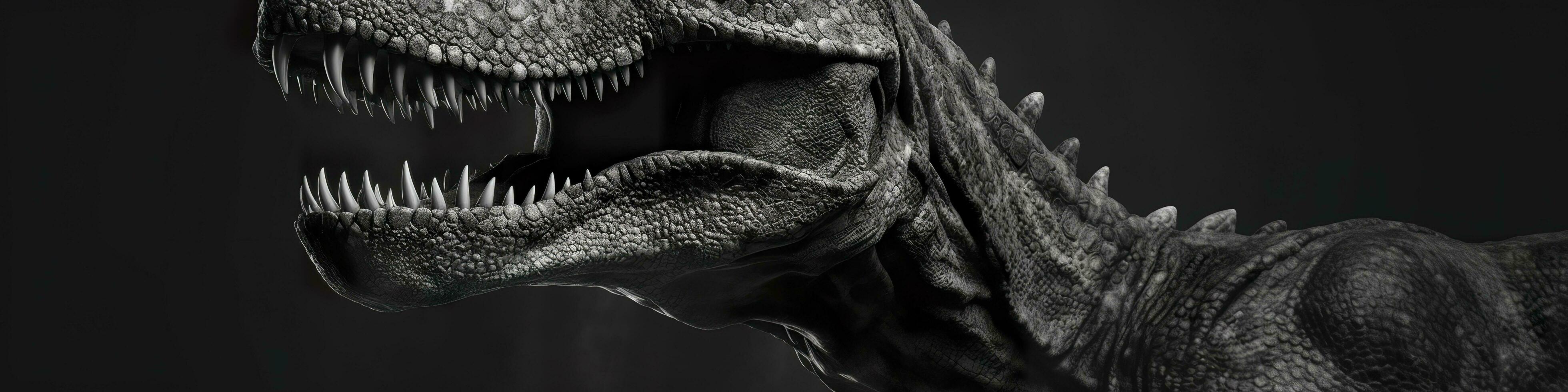 Black and white photorealistic studio portrait of a Tyrannosaurus Rex on black background. Generative AI photo