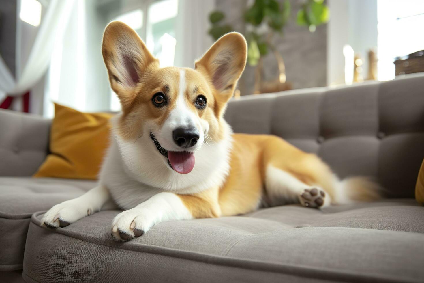 Beautiful, smart, calm purebred corgi dog lying on on sofa in living room. Generative AI photo