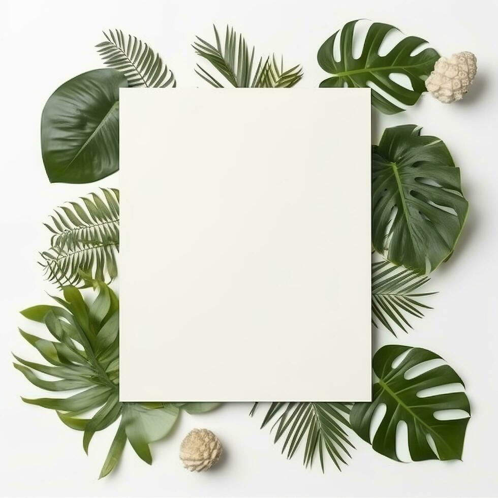 Frame with leaves.  Summer tropical leaves and blank frame with copy space on white background. Generative AI photo