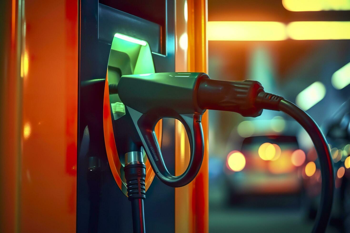 Close up photo of an electrical car charging at a gas station. Generative AI