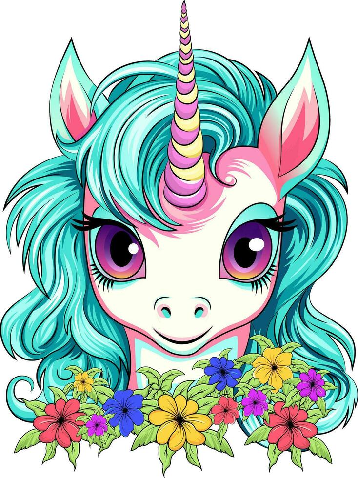 Unicorn with flowers. Cute Unicorn cartoon character. Vector illustration.