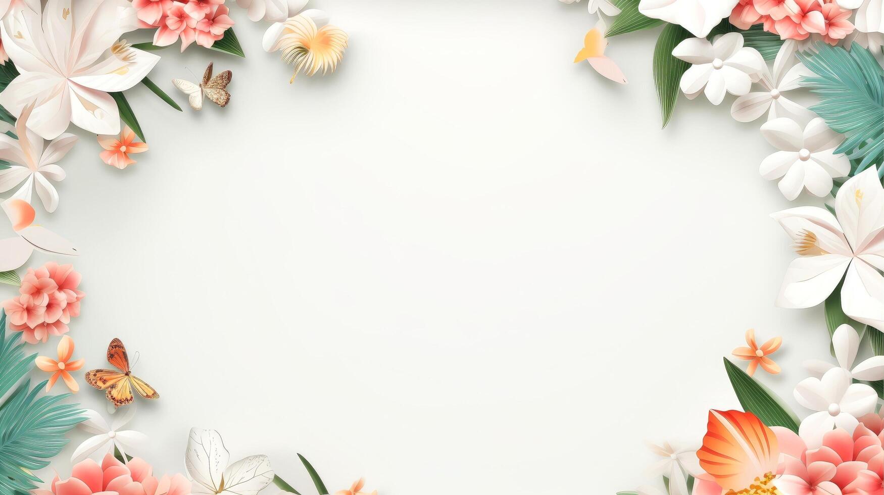 Floral border frame card template. multicolor flowers, leaves, for banner, wedding card. Springtime composition with copy-space, illustration photo