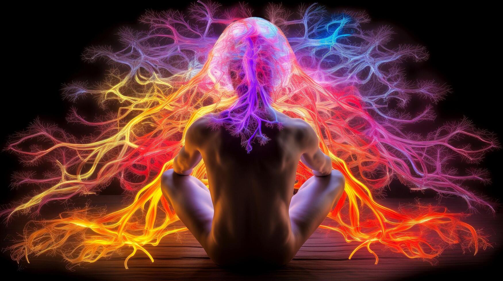 Energy of Thought. Human head emitting abstract fractal structure to illustrate working of human mind, illustration photo