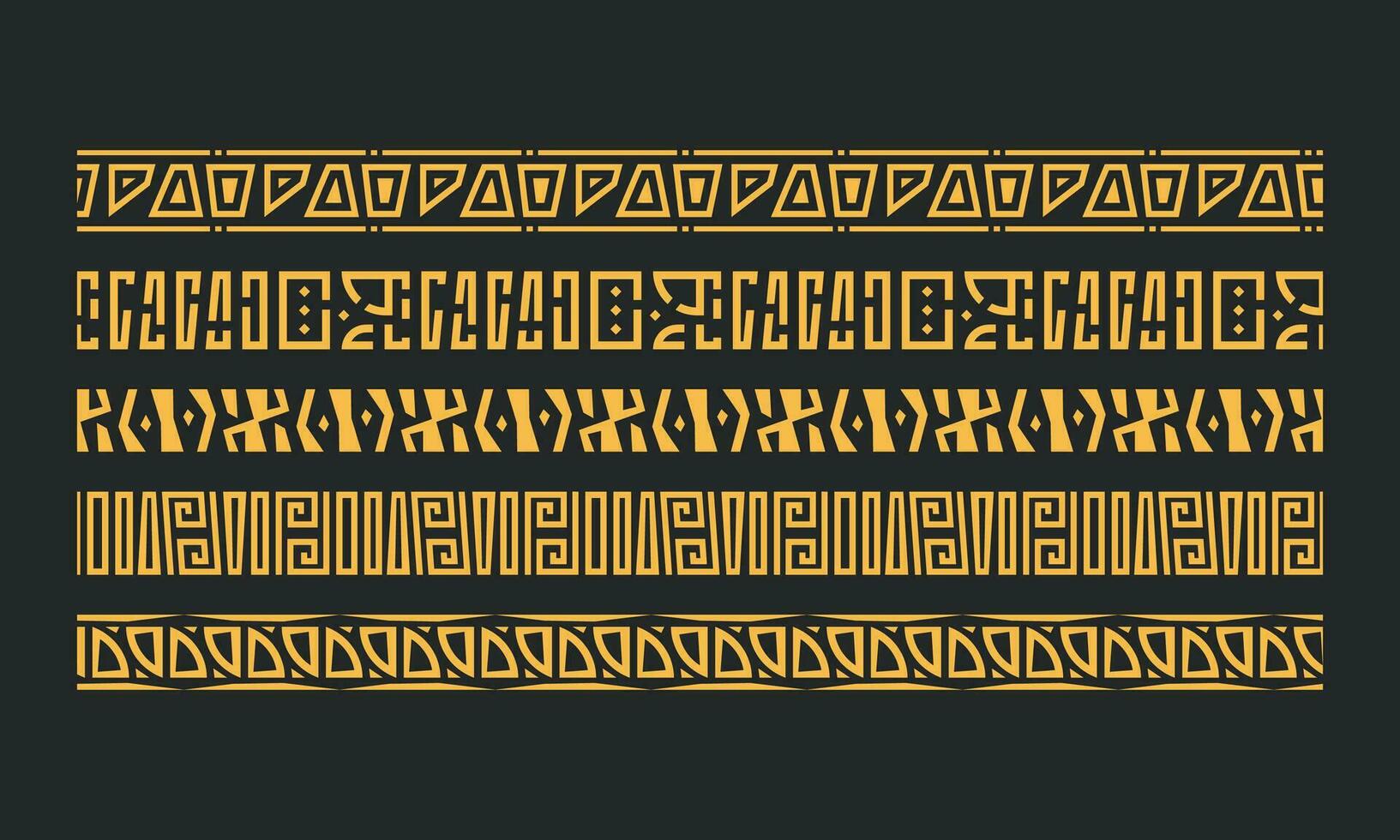 hieroglyph like and african or aztec ethnic tribe border seamless pattern set for design decoration vector