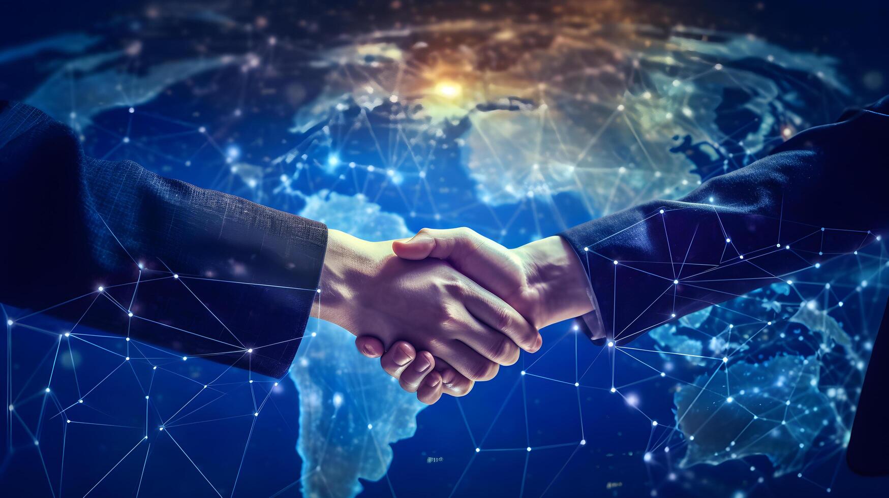 Businessman shaking hands with hologram globe map background. Businessman touching technology, global network and data exchange. Generative Ai photo