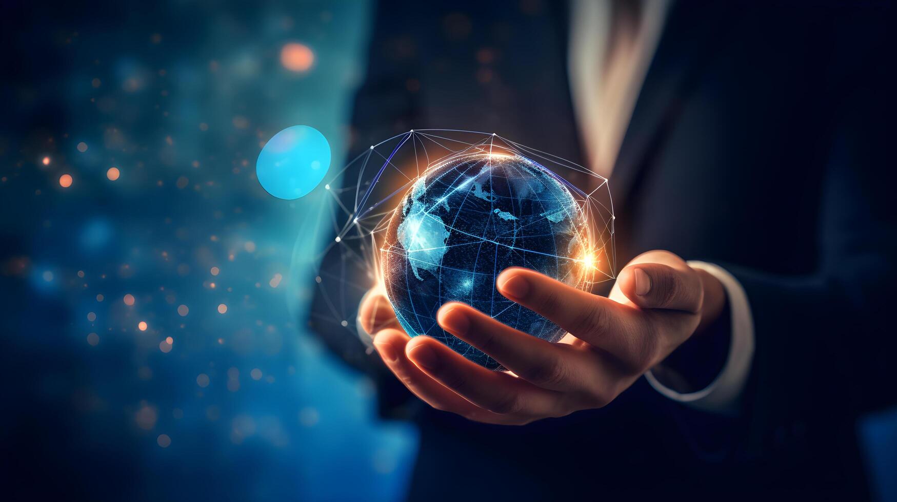 Businessman holding a glowing hologram globe. Businessman touching technology, global network and data exchange. photo