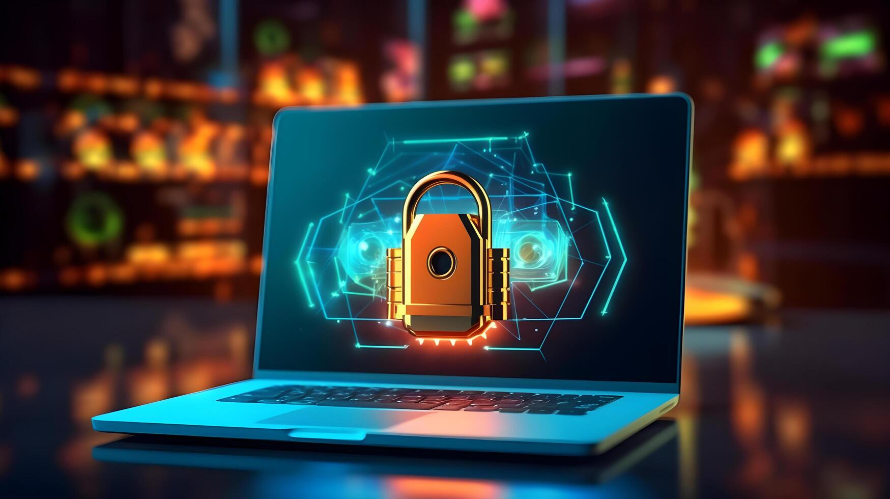 cyber online security with high-tech padlock protecting a laptop computer on a desk. photo