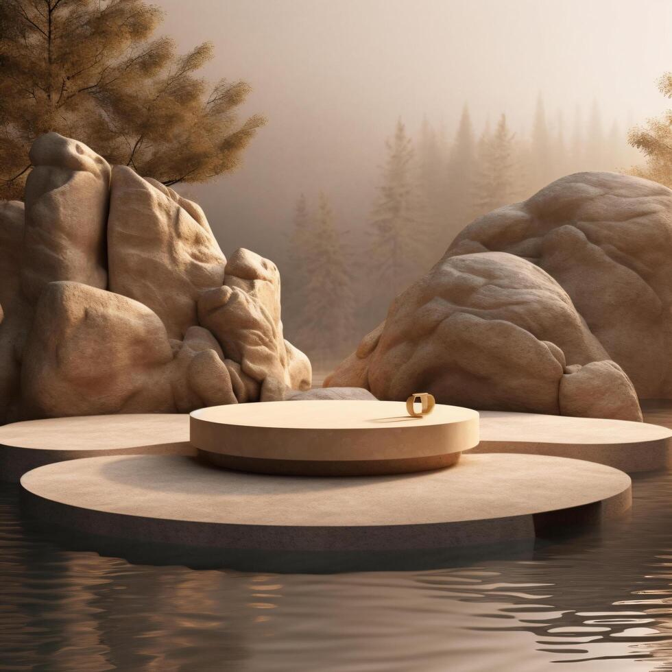 Minimal beige brown podium stands in the water for luxury organic cosmetic, skincare, beauty treatment product background. photo