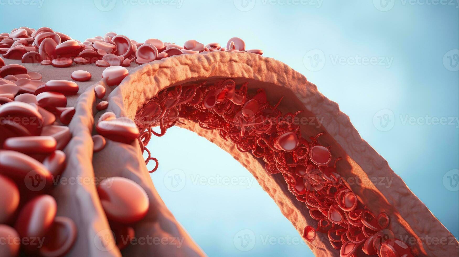 3D illustration mockup of the human organ systems, circulatory, digestive, red and white bloodcells wtih blurred backgroun. Medical education concept, Generative AI illustration photo