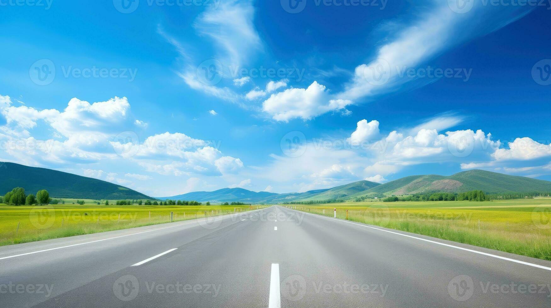 Illustration image of landscape with country road, empty asphalt road on blue cloudy sky background. Multicolor vibrant outdoors horizontal image, Generative AI illustration photo