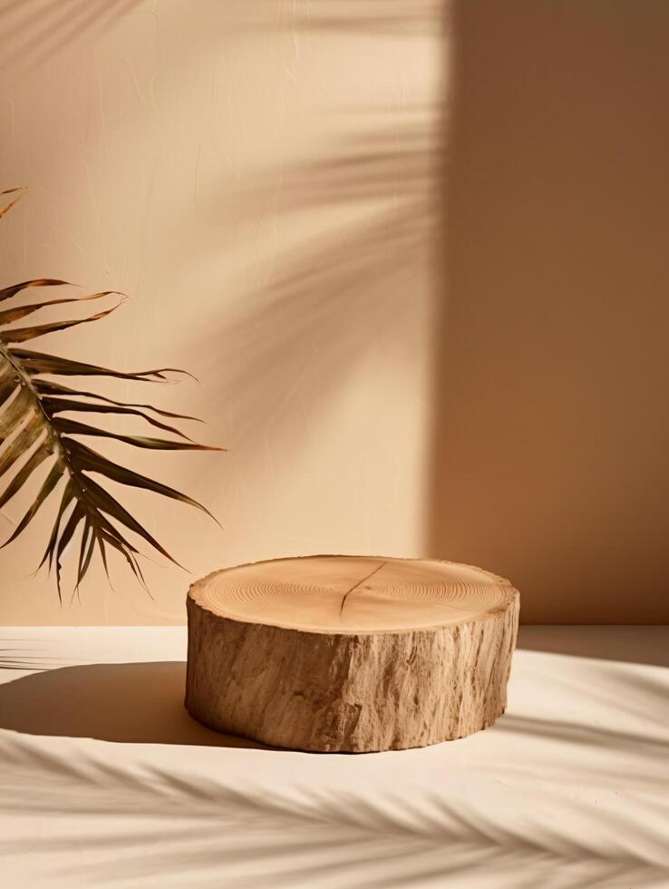 Minimal natural wood podium with green palm leaf with sunlight background. Minimal wooden stand for branding and packaging presentation. Generative Ai photo