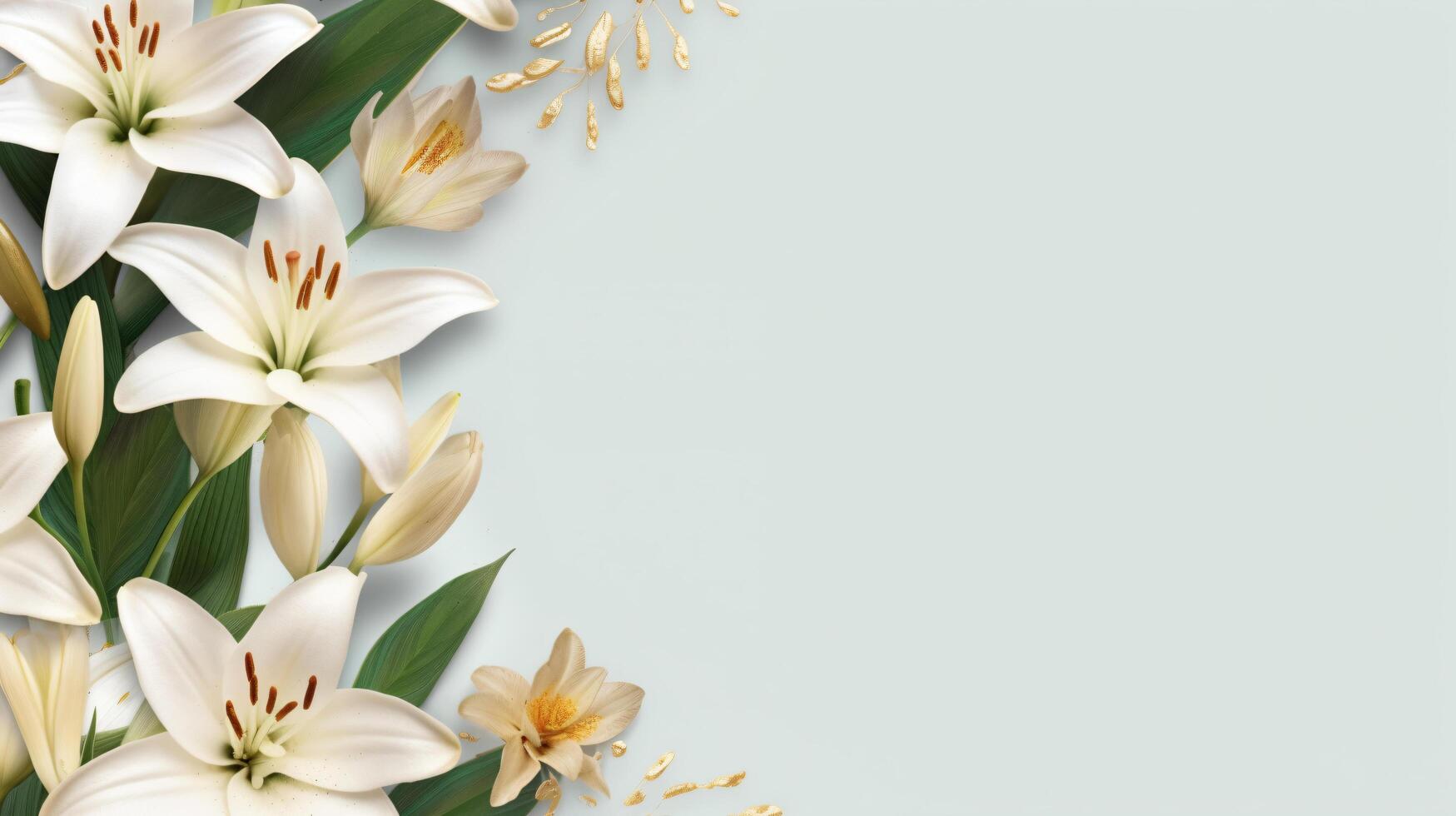 Beautiful white lily flowers on blank background. Colorful flowers for Mother's day, Women's Day, Birthday card, Easter. Generative Ai photo