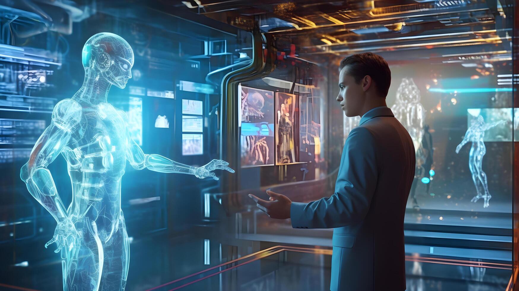 Person talking with holographic ai robot. futuristic technology or machine learning concepts. technology photo