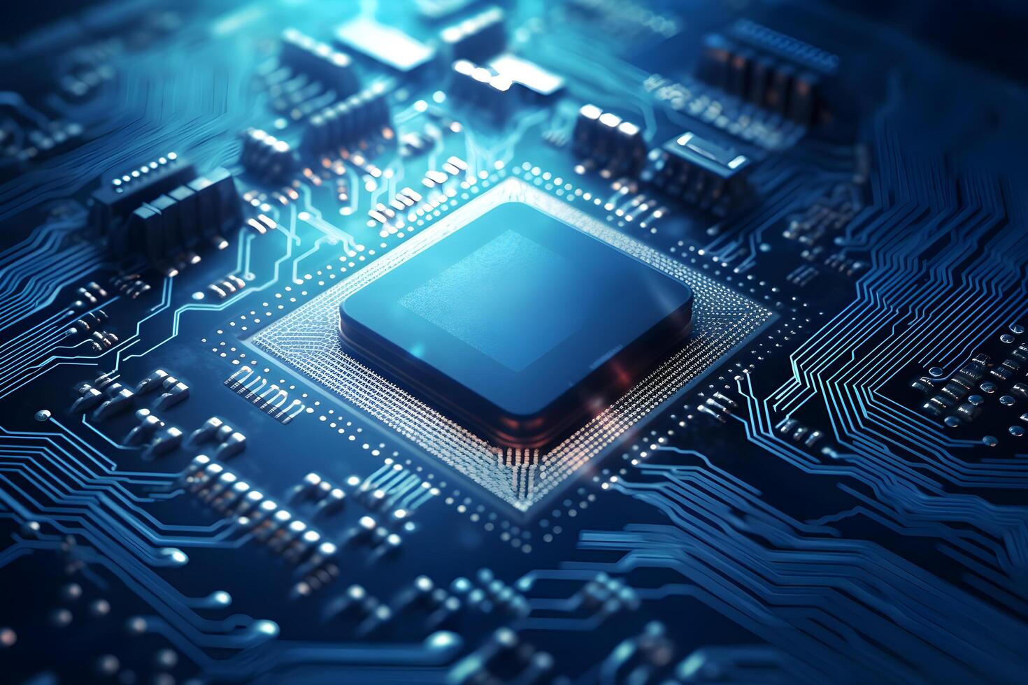 Central computer processors CPU technology background. Close up of a microchip circuit interior of a computer. circuit board. photo